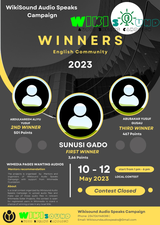 Ein buntes Plakat mit einem blauen Hintergrund und gelben und weißen Buchstaben, die in fetter Schrift "Gewinner" bilden, und mehreren lachenden Menschen in der Mitte.