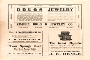 Eine alte Werbung für eine Drogerie und Juweliergeschäft, das ein Verzeichnis mit Text und Bildern verschiedener Gegenstände zeigt.