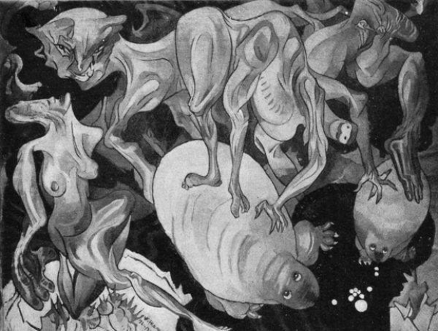 Schwarzes und weißes Bild aus dem Jahr 1938 von KÜNSTLER, das eine Gruppe von Tieren zeigt, darunter einen Löwen, eine Giraffe, ein Zebra und ein Flusspferd, in einem dunklen Raum mit mysteriöser Schrift.