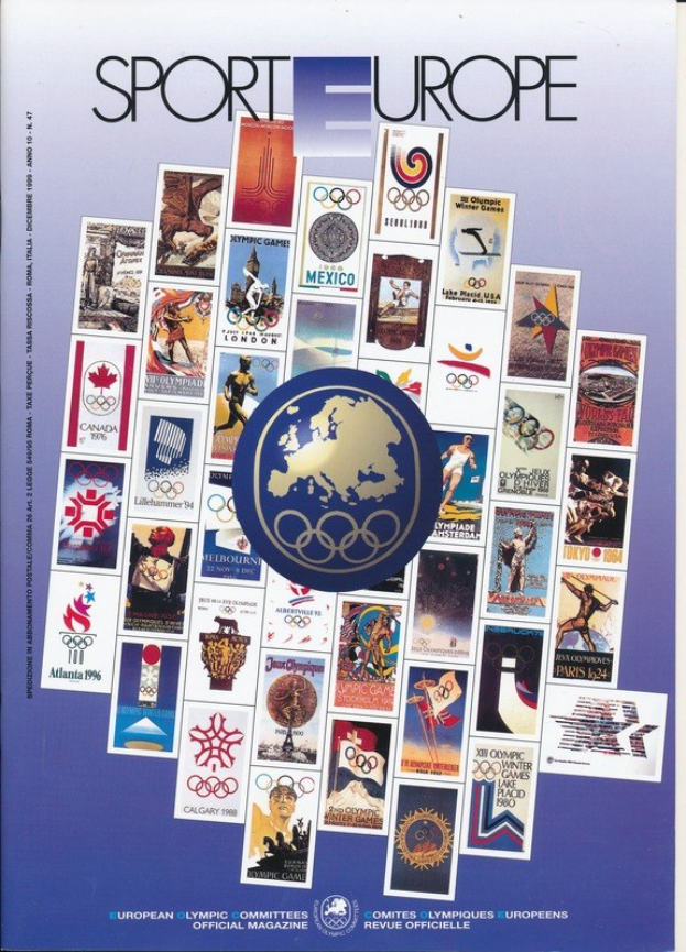 Ein Buchumschlag mit der Aufschrift "Sport in Europa", der farbenfrohe Bilder und Texte über Olympische Spiele in Europa zeigt, mit weißer, fetter Schrift und detaillierten olympischen Designs.