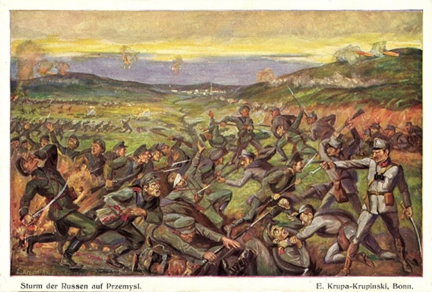 Gemälde, das eine Schlachtenszene mit Soldaten in Militäruniformen zeigt, einige halten Gewehre, und deutscher Text unten, der "Sturm der Russen auf Przemysl" lautet.