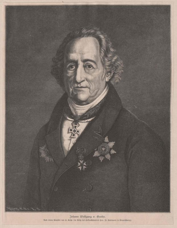 Schwarze und weiße Gravur von Johann Wolfgang von Goethe, einem deutschen Staatsmann, der eine Jacke mit Medaillen trägt, mit Text unten.