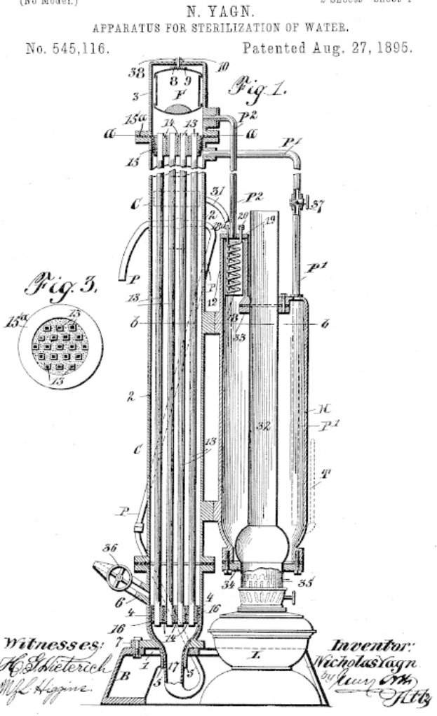 Schwarzes und weißes Patent-Zeichnung eines Geräts zum Sterilisieren von Wasser, beschriftet mit "Gerät zur Sterilisation von Wasser" mit detaillierten technischen Texten und Diagrammen auf einem weißen Hintergrund.