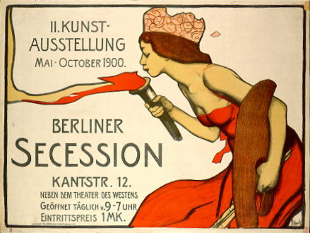 Plakatankündigung einer Berliner Secession im Jahr 1900, das eine Frau in rotem Kleid zeigt, die ein Objekt hält, mit Textinformationen zur Veranstaltung.