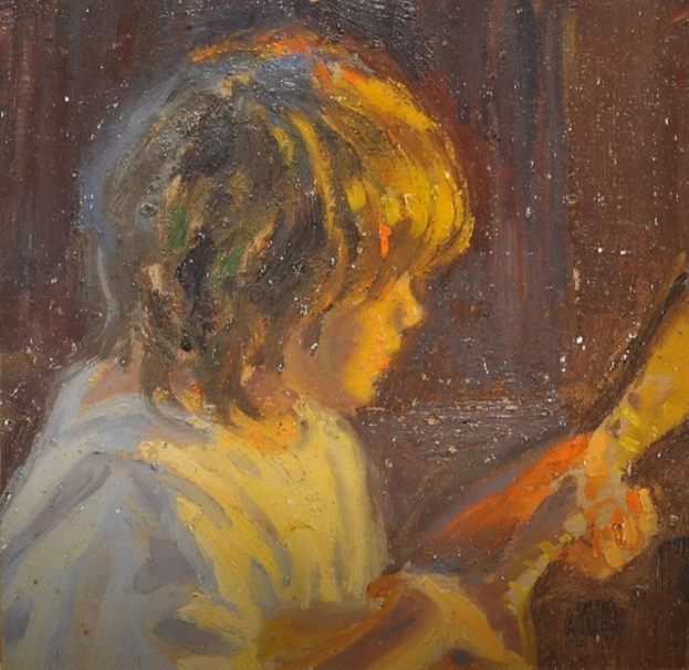 Gemälde eines jungen Jungen in einem weißen Hemd, der eine Gitarre spielt und konzentriert ist