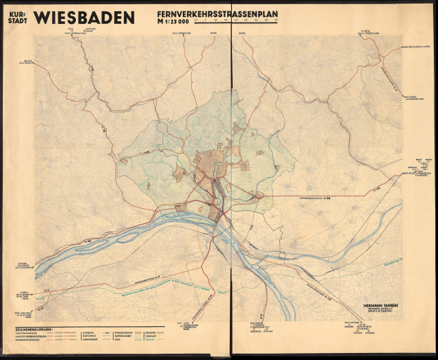 Alte Karte von Wiesbaden, Deutschland, gerahmt und mit Straßennamen, Gebäuden und Sehenswürdigkeiten.
