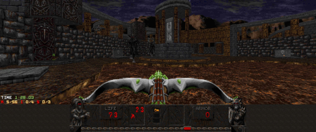 Eine Dungeon-Szene aus *Dungeon Master II* mit einem Drachen in der Mitte, umgeben von Wänden, Säulen und anderen Gegenständen, mit spielbezogenen Zahlen und Text unten.