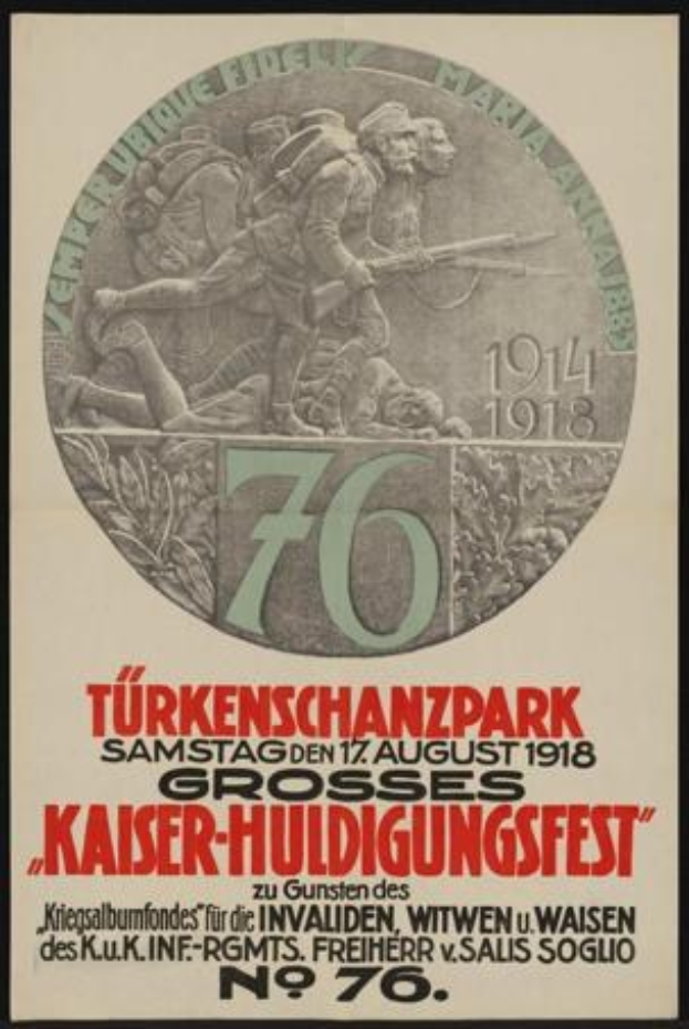 Plakat zum 70. Jahrestag des Kaiser-Huldigungsfestes in Berlin, Deutschland, mit einer Gruppe von Menschen in der Mitte, eingerahmt von klassischem Text und Zahlen.